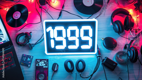 1999 written in neon letters, with vintage electronics of the era. Graphic banner photo