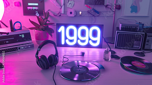 1999 written in neon letters, with vintage electronics of the era. Graphic banner photo