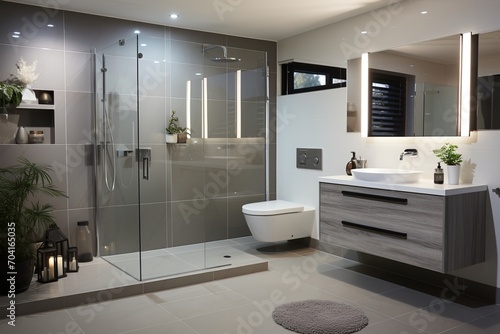 Modern bathroom interior with large shower and gray tiles