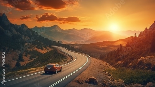 Car driving on an asphalt road through a mountain pass at sunset © duyina1990