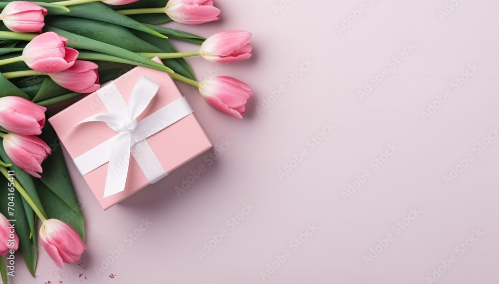 Tulips and gift boxes on white background top view, Valentine's Day thanksgiving concept illustration Tulips and gift boxes on white background top view, Valentine's Day thanksgiving concept illustration