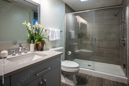 Modern bathroom with large shower and vessel sink