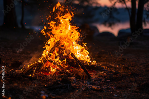 Close up of bonfire with orange yellow fire flame and red hot coals at night, fire flames burning wood in campfire