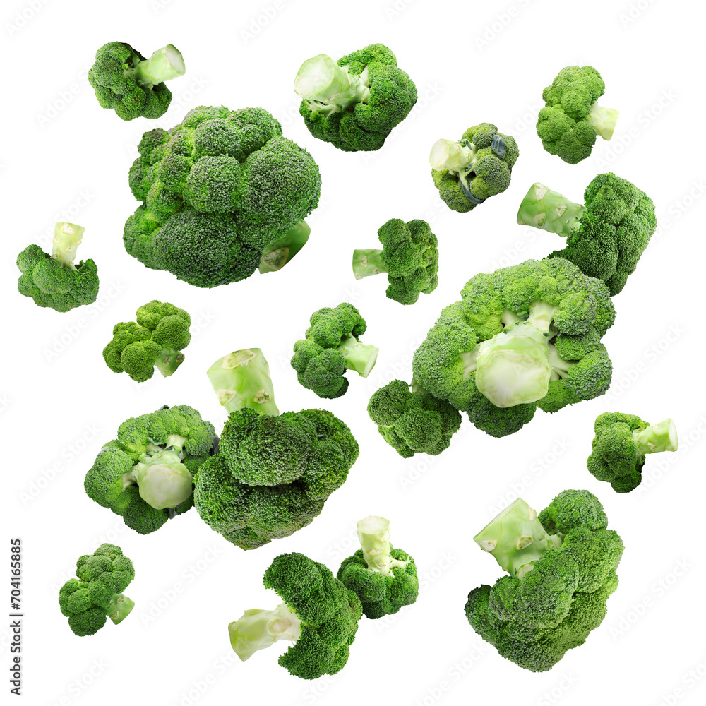 Fresh green broccoli falling on white background Fresh green broccoli falling on white background