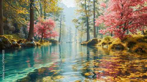 peaceful landscape, river with crystal clear water runs between the mountain, colorful trees on the bank, spring celebration, Landscape concept, generative ai