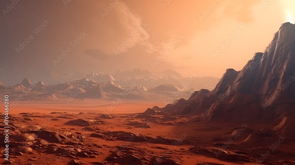 Beautiful desert landscape with mountains and sand on the red planet Mars.