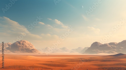 Beautiful desert landscape with mountains and sand on the red planet Mars. © Ziyan Yang