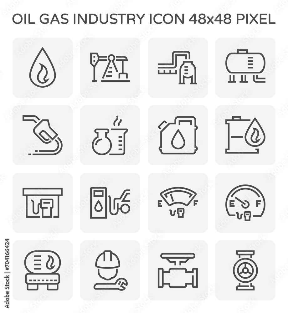 Fototapeta premium Oil gas industry vector icon i.e. global process of exploration, extraction and refinery. Transport by oil tanker, pipe or pipeline. Include petroleum product, gas station service and worker. 48x48 px