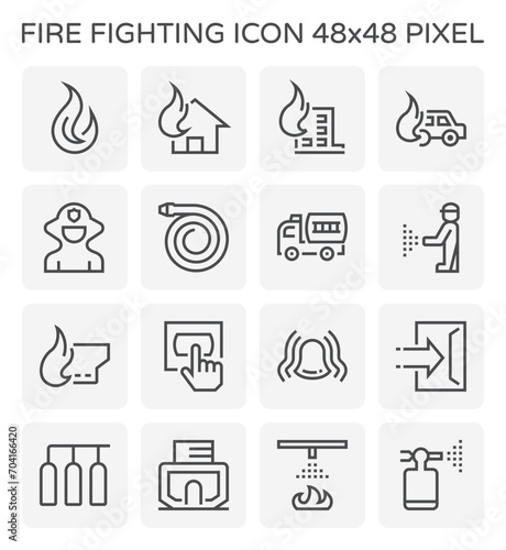 Fire fighting system, equipment vector icon i.e. alarm, sprinkler, hose, extinguisher, firefighter or fireman for safety, protection, emergency, rescue and fire suppression by water chemical. 48x48 px