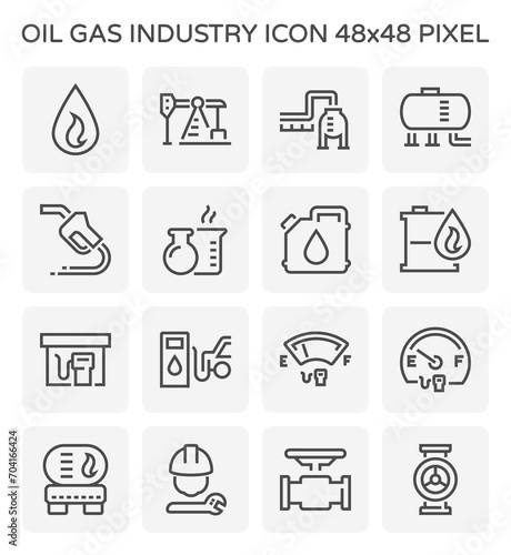 Oil gas industry vector icon i.e. global process of exploration, extraction and refinery. Transport by oil tanker, pipe or pipeline. Include petroleum product, gas station service and worker. 48x48 px