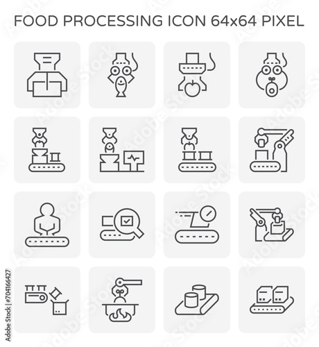 Food processing, manufacturing on production line vector icon. Include conveyor belt machine, robotic arm, box package and product. Automation technology in industrial plant or factory. 64x64 pixel.