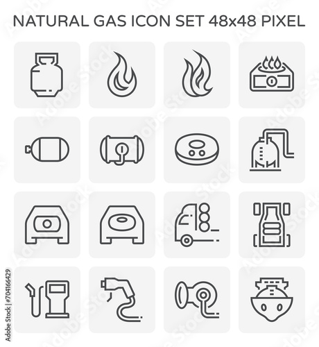 Gas tank or gas cylinder vector icon. Equipment for natural gas, propane i.e. lpg, lng, cng, ngv. Storage by compressed to liquefied. Include fire flame, stove, car, truck, refuel and tanker, 48x48 px