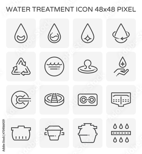Water treatment, purification and filtration vector icon. Include clean water drop, filter, septic, grease trap and sedimentation storage tank for recycle wastewater by remove sewage, sludge. 48x48 px photo