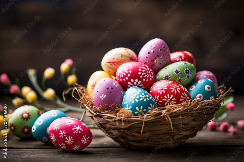 Happy easter, Easter painted eggs in the basket on wooden rustic table for your decoration in holiday. copy space - generative ai Happy easter, Easter painted eggs in the basket on wooden rustic table for your decoration in holiday. copy space - generative ai