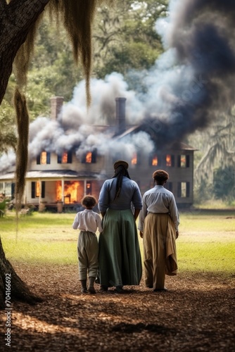 A family of African American sharecroppers looks at their burning house, circa 1865, photo
