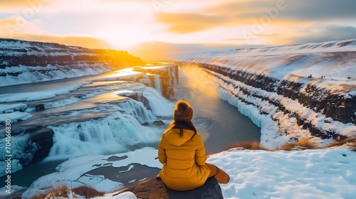 Freedom tourist woman enjoying on viewpoint of Gullfoss waterfall or Golden Falls with extreme hvita river flowing in canyon on winter at Iceland