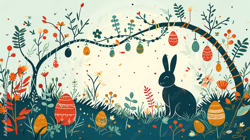 happy easter day poster template with a background of colorful eggs and rabbits in the meadow
