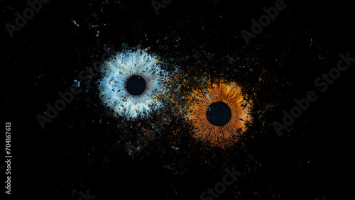 Galaxy explosion effect of human eyes colliding on black background. Close-up of blue and brown colored iris. Structural Anatomy. Iris Detail. Eye Catcher.