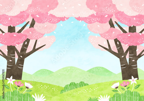 桜の木と春の山々の風景 自然あふれる水彩背景イラスト