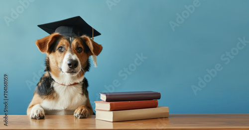 a dog wearing a graduate cap sitting at a table with books on blue background. Education concept photo