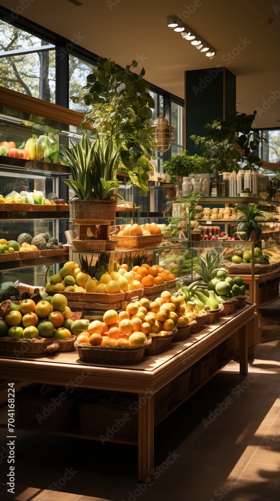 Well organized grocery store with fresh fruits and vegetables