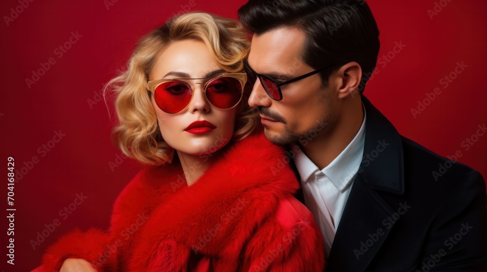 Beautiful fashion woman and her handsome boyfriend in red elegant suit. Sexy blond model in red evening dress. Fashionable couple posing in studio. Brutal man and his female. Beautiful fashion woman and her handsome boyfriend in red elegant suit. Sexy blond model in red evening dress. Fashionable couple posing in studio. Brutal man and his female.