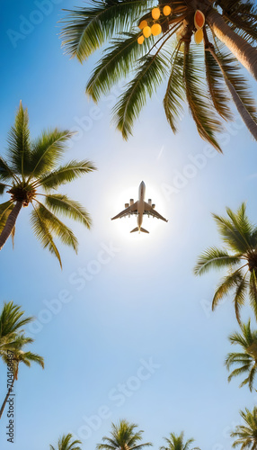 Airplane flying above palm trees in clear sunset sky with sun rays. Concept of traveling, vacation and travel by air transport. Beautiful sky background. 