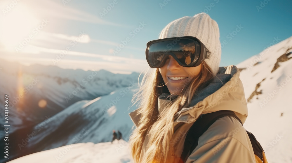Portrait of woman in alps. Ski vacation in skier uniform, helmet and goggles