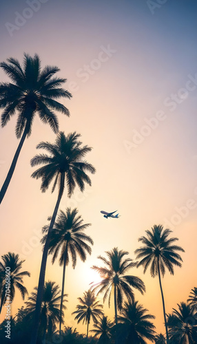 Airplane flying above palm trees in clear sunset sky with sun rays. Concept of traveling  vacation and travel by air transport. Beautiful sky background. 