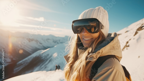 Portrait of woman in alps. Ski vacation in skier uniform, helmet and goggles © PaulShlykov