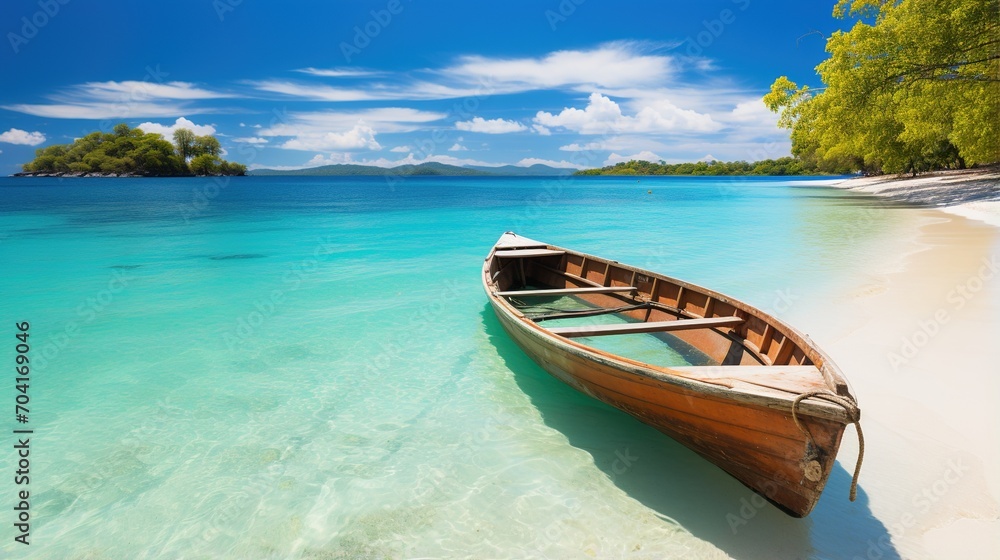 Wooden boat on a tropical beach with white sand and crystal clear water Wooden boat on a tropical beach with white sand and crystal clear water