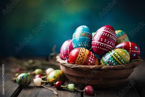 Happy easter, Easter painted eggs in the basket on wooden rustic table for your decoration in holiday. copy space - generative ai photo
