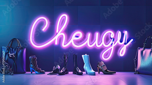 Cheugy written in a neon sign. Gen Z slang for uncouth, trashy, outdated fashion photo