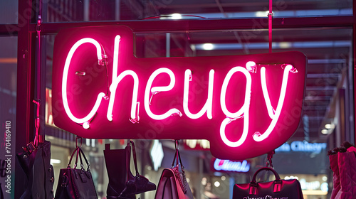Cheugy written in a neon sign. Gen Z slang for uncouth, trashy, outdated fashion
