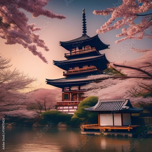 A traditional Japanese pagoda surrounded by vibrant cherry blossoms2