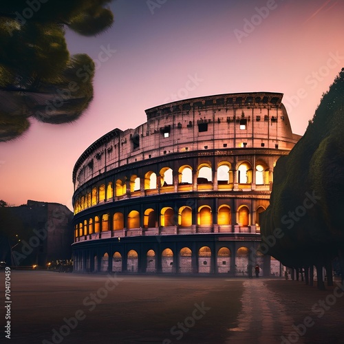 An ancient Roman colosseum illuminated by the glow of twilight2