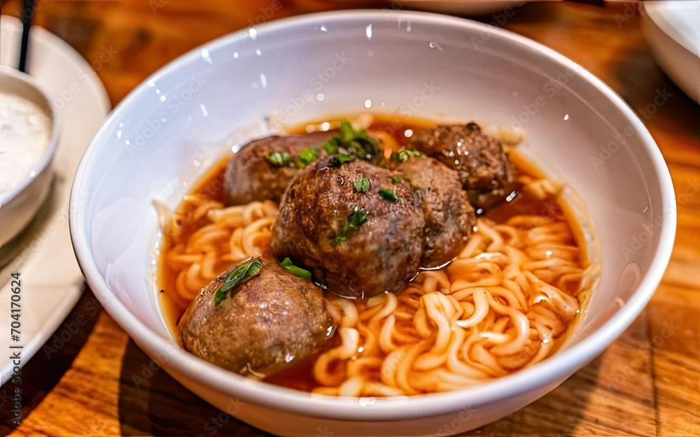 Meatballs with hot noodles served in a bowl in a restaurant Meatballs with hot noodles served in a bowl in a restaurant