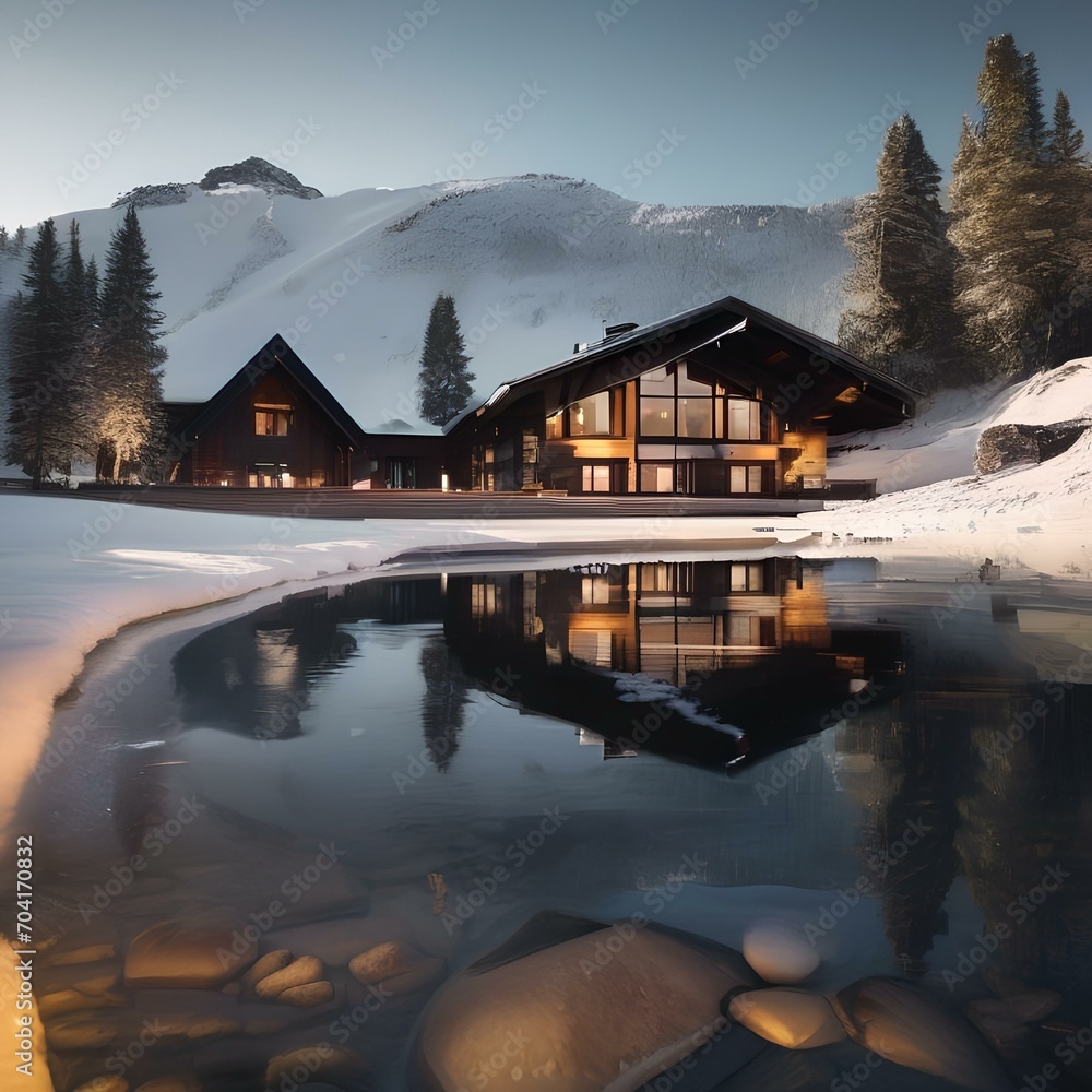 Fototapeta premium A Scandinavian-style ski lodge nestled in a snowy alpine valley3