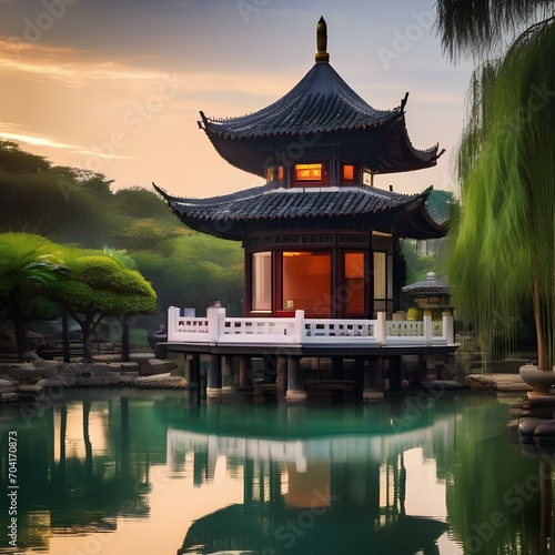 A traditional Chinese pagoda surrounded by serene water features1