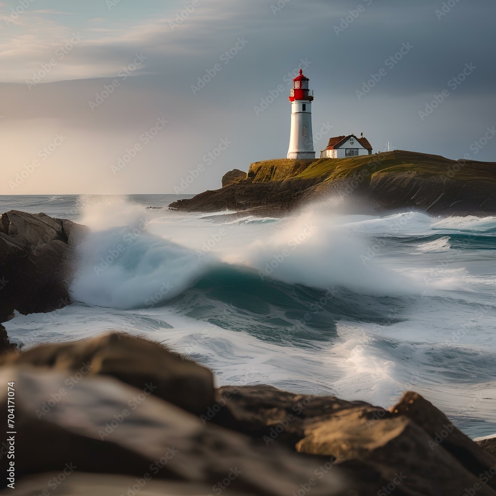 A quaint coastal lighthouse standing against crashing waves2
