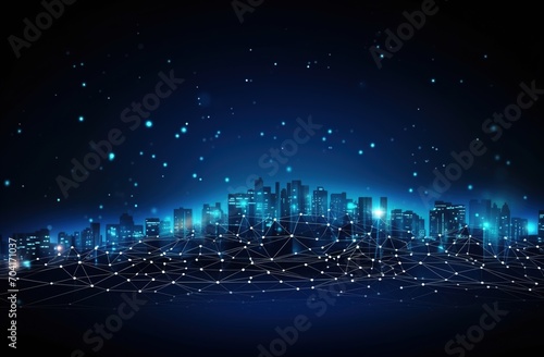 Blue glowing city skyline with network connections at night