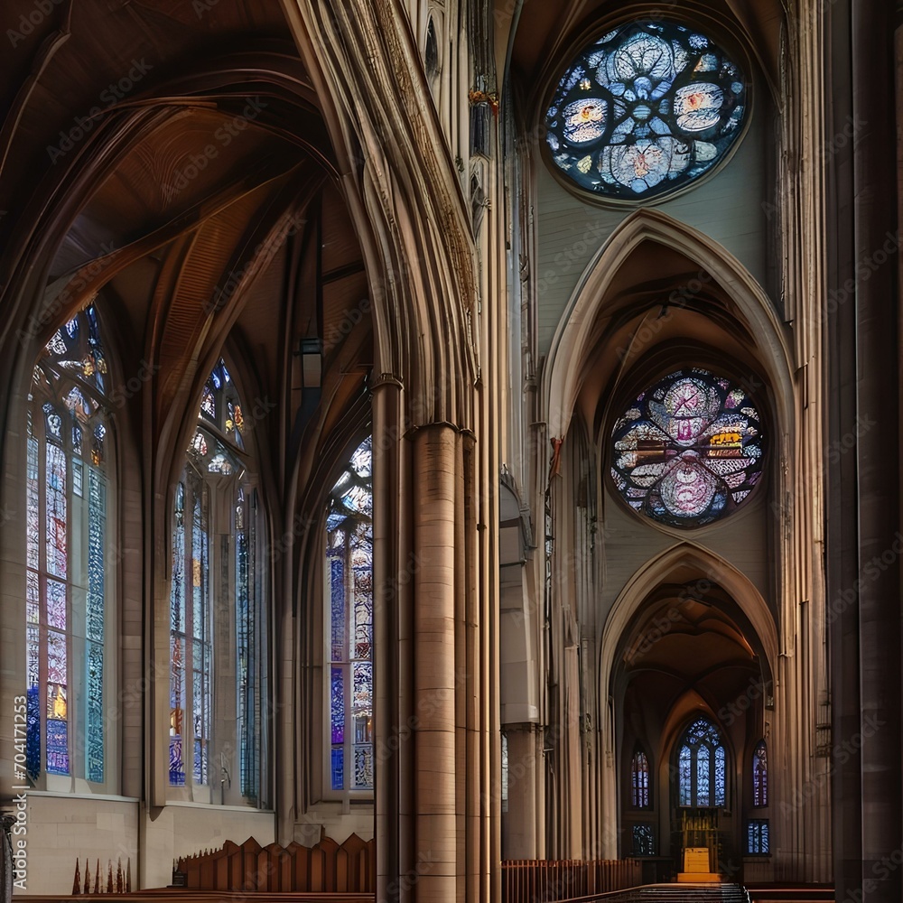 A majestic cathedral with intricate stained glass windows and towering spires1