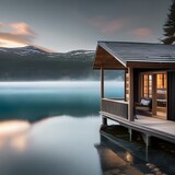 A Scandinavian-style wooden cabin overlooking a serene lake1