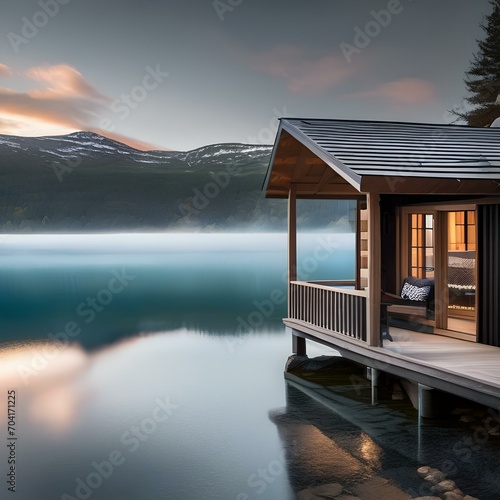 A Scandinavian-style wooden cabin overlooking a serene lake1 photo