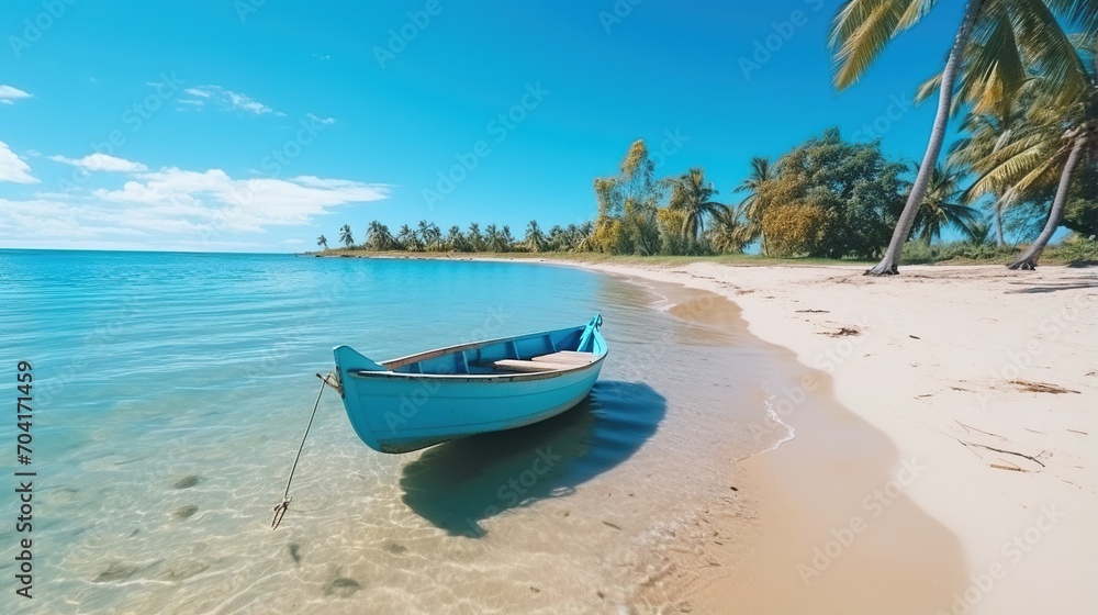 Blue wooden boat on a tropical beach with white sand and palm trees