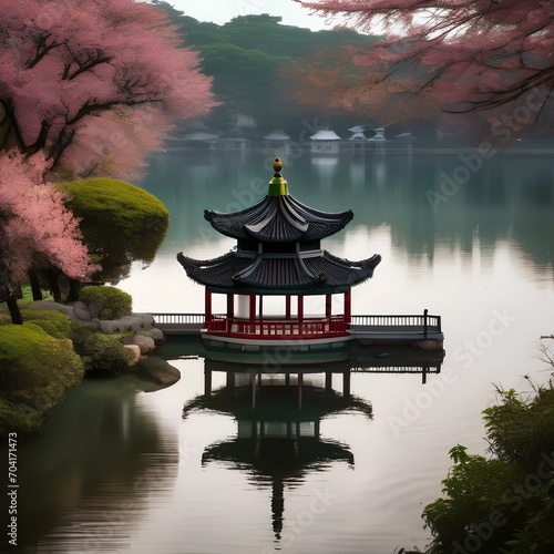 A traditional Chinese pagoda surrounded by serene water features3