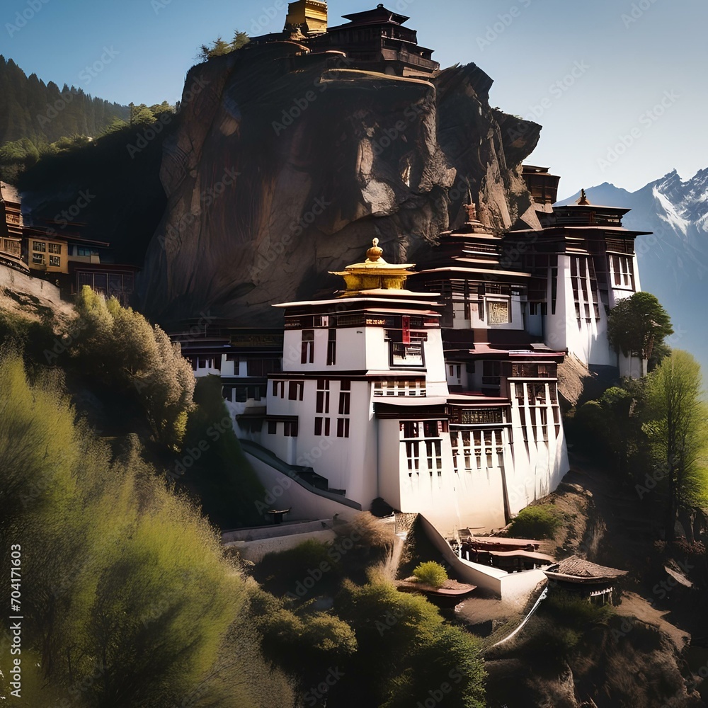 A Tibetan monastery perched on a remote mountainside3 - obrazy, fototapety, plakaty 