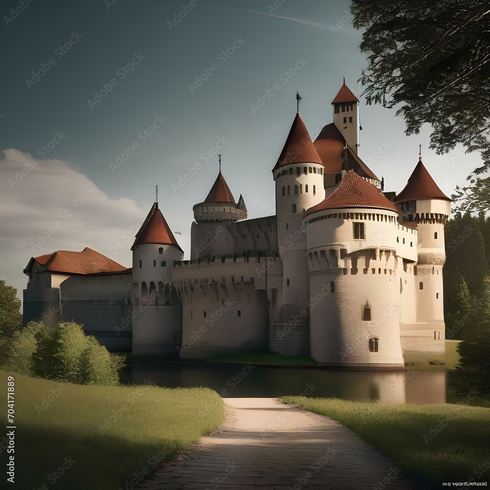 A medieval European castle with turrets and a moat3