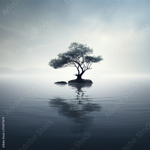 Tree in the Middle of the Lake with Foggy Background