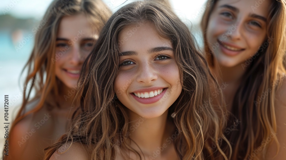 Pretty smiling teenage girls posing at the beach looking at the camera Pretty smiling teenage girls posing at the beach looking at the camera